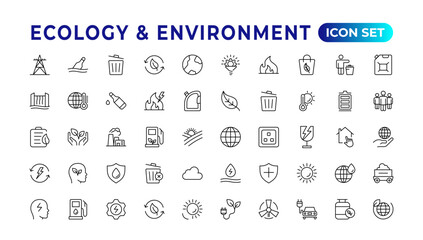 Ecology icon set. Ecofriendly icon, nature icons set.Linear ecology icons. Environmental sustainability simple symbol. Simple Set of Line Icons.Global Warming, Forests, Organic Farming.