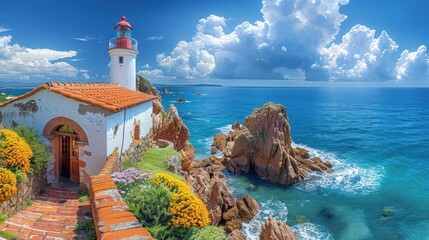 United Kingdom, Channel Islands, Jersey, Corbiere Lighthouse, Beautiful La Corbiere lighthouse perched. - obrazy, fototapety, plakaty