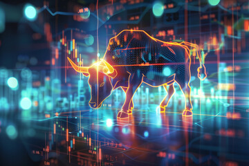 Fototapeta na wymiar 3D illustration of cyber bull on digital financial backdrop