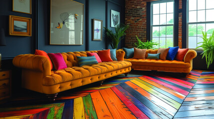 A bold and colorful patterned hardwood floor showcasing a fusion of geometric shapes and vibrant hues.