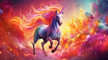 Obraz na płótnie Canvas Unicorn Galloping with Vivid Rainbow, Background Scene in a Novel. Generative AI. 