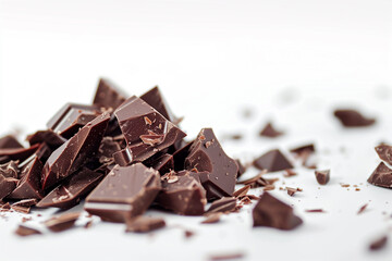 Close-up of broken dark chocolate shards isolated
