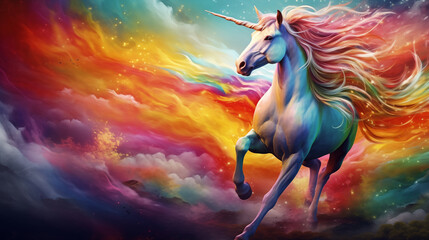 Obraz na płótnie Canvas Unicorn Galloping with Vivid Rainbow, Background Scene in a Novel. Generative AI. 