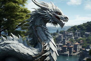 A majestic white dragon is by the river, towering over the natural landscape