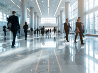 Vibrant business environment with people in blurred motion walking through a modern office space