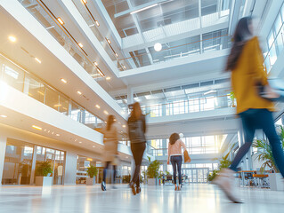 Vibrant business environment with people in blurred motion walking through a modern office space