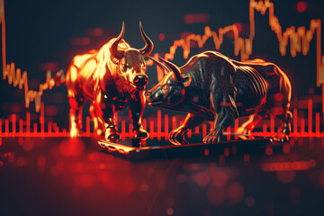 Digital art of bull and bear with stock market background
