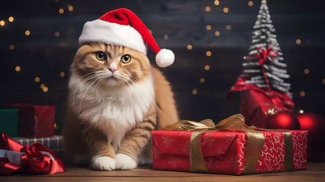 Christmas Cat with Santa Claus Hat and Gift Box. Generative AI.