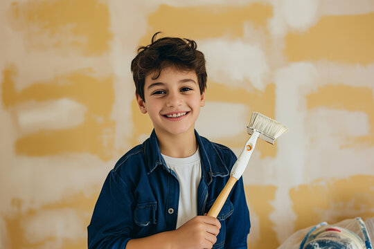 Cheerful young boy with paint brush doing home improvement