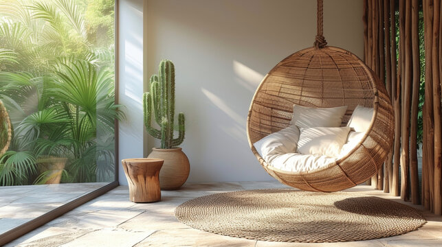 A minimalist balcony with a hanging swing chair coupled with a wooden side table and a potted cactus creating a serene and stylish space.