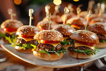 Close-up of delicious mini burgers with fresh ingredients - obrazy, fototapety, plakaty