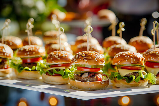 Close-up of delicious mini burgers with fresh ingredients