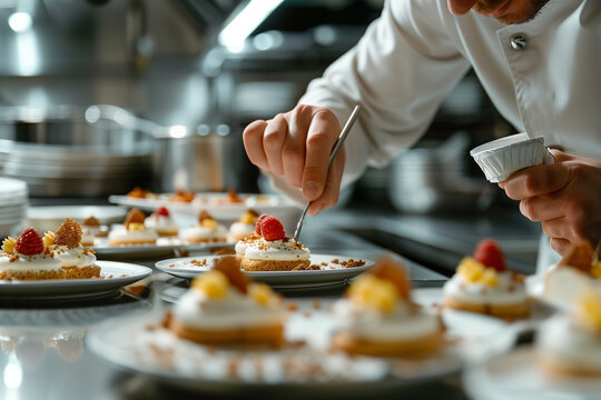 Naklejki Chef carefully decorating pastries with precision in kitchen