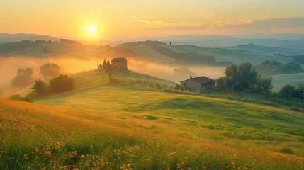 Crédence de cuisine en verre imprimé Couleur miel Tuscany landscape at sunrise, Tuscany foggy landscape at sunrise