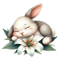 Cute rabbit sleeping on a Lily flower