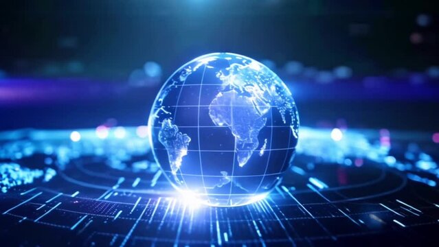 blue futuristic digital earth globe and stock market trading forex data on large screen display Generative AI
