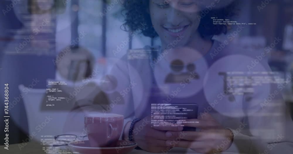 Poster animation of people icons and financial data processing over biracial man using smartphone