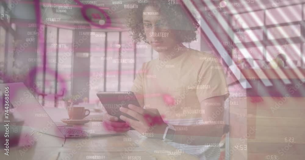 Poster animation of financial data processing over biracial man using tablet