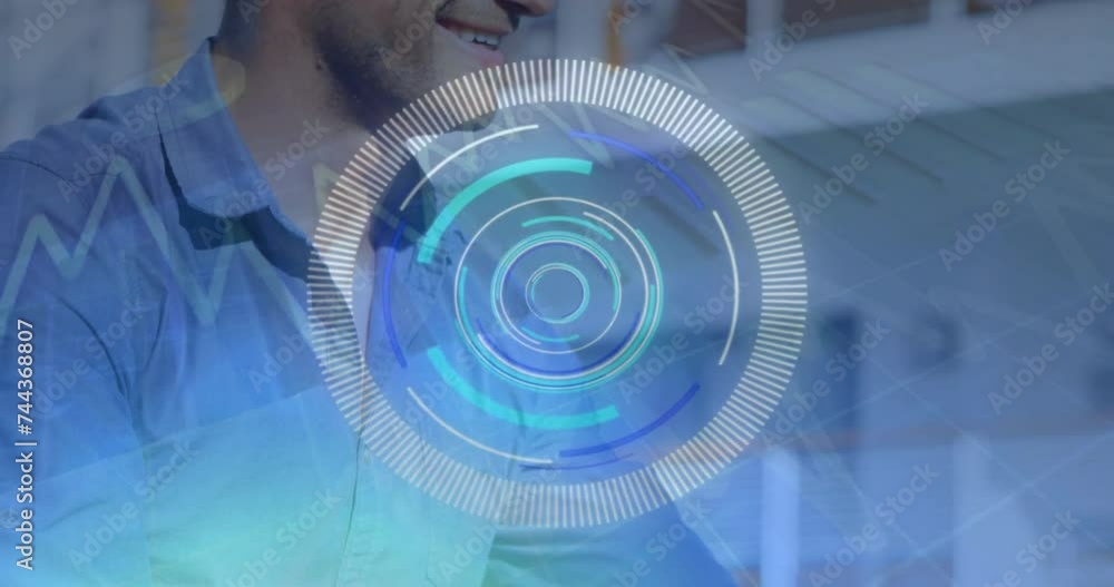 Poster animation of financial data processing over caucasian man using smartphone