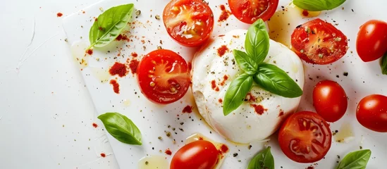 Foto op Plexiglas Fresh and delicious plate of ripe tomatoes and creamy mozzarella on a clean white surface © AkuAku