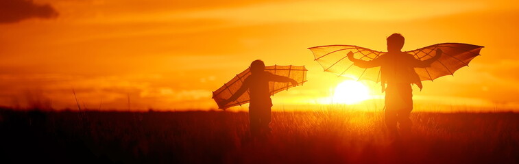Children silhouettes with wings at sunset. Funny kids run in the meadow on a summer evening. Boys dream of flying and imagine themselves as pilots. - 744369010
