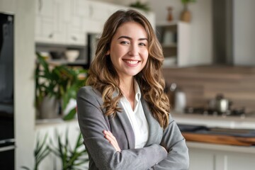 portrait of smiling businesswoman standing with crossed arms in modern kitchen