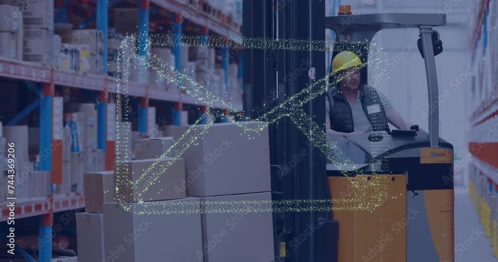 Poster animation of envelope icon and digital data processing over caucasian man working in warehouse