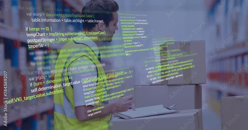 Aufkleber animation of digital data processing over caucasian man working in warehouse
