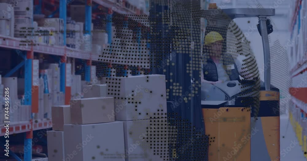 Aufkleber animation of globe and digital data processing over caucasian man in forklift working in warehouse