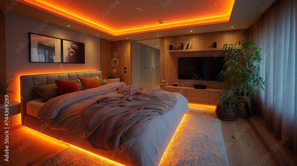 Poster an overhead view of a bedroom with led strip lights integrated into the ceiling controlled by a smar