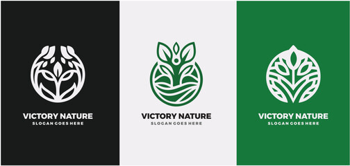 Set of natural and organic victory nature logo in modern design. Natural logo for branding,  - obrazy, fototapety, plakaty