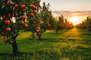 A peaceful apple orchard bathed in the warm glow of the setting sun.