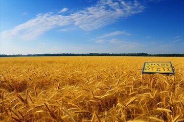 A sign stands in a Khorasan wheat field under the open sky