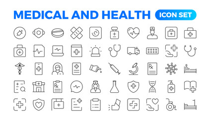 Health and Medical linear icons such as Scalpel, Saline, Optometrist, Otoscope, Patch, and Pregnancy test line icons.Medecine flat icons. Collection of health care medical signs. Outline icon set. - obrazy, fototapety, plakaty