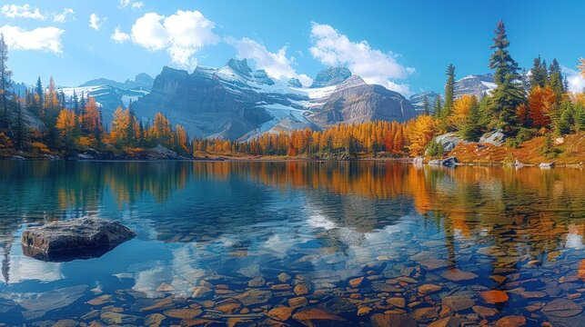 Panoramic View of Glacier Lake with Canadian Rocky Mountains in Background. Sunny Fall Day.