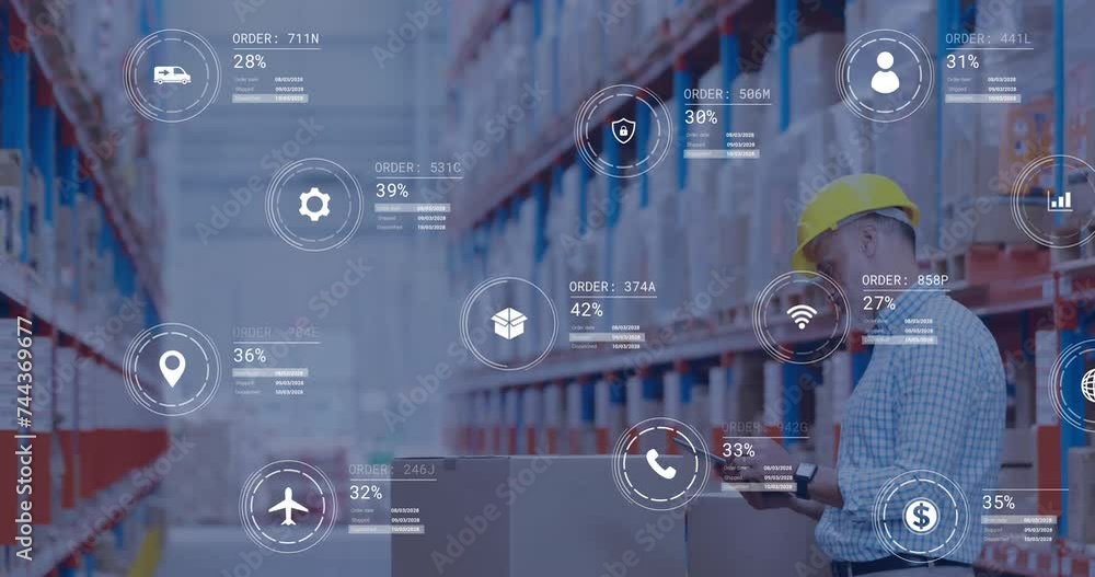 Aufkleber animation of icons and digital data processing over caucasian man working in warehouse
