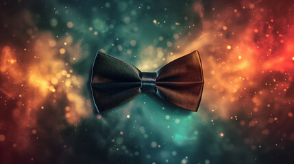 Black bow tie on a cosmic background. - obrazy, fototapety, plakaty