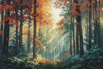 Zelfklevend Fotobehang Autumn forest with fog and sunrays. Vector style illustration. © Christiankhs