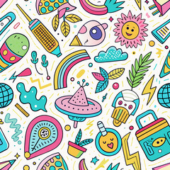 Sweets Galore Seamless Pattern: Vector illustration featuring an array of delightful sweets perfect for birthdays, parties, and celebrations Includes cakes, candies, and flowers in a fun, cartoon styl