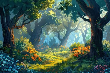 Fantasy forest with sunbeams, trees and flowers. Vector style illustration.