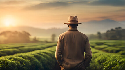 Closeup of man wearing hat walking through tea plantations in the mountains at sunset. Nature beauty, leisure time, activity, sport, travel, relaxation concept. World Tourism Day, September 27