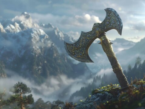 A shimmering jewel encrusted axe crafted by dwarves set against a backdrop of a mystical foggy mountain range