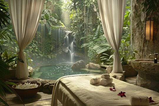 A serene aromatherapy spa in a rainforest setting combining elements of vintage fashion and natural beauty