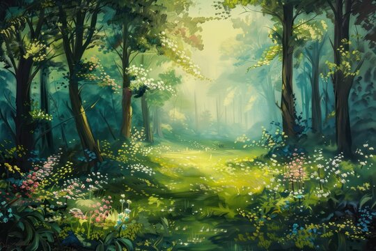 Beautiful forest landscape with sunbeams in the morning, illustration