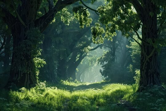 Mysterious forest with sunlight shining through tree trunks. Nature background