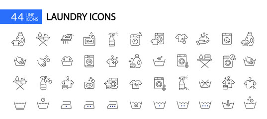 Washing clothes. Laundry detergent, washing instructions labels and statin removal. Pixel perfect vector icons set