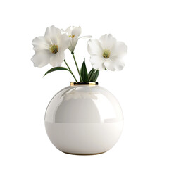 Round shape vase with flowers Gold and white, realistic photo, pure white background, solid color fill, simple color scheme, clean and atmospheric isolated PNG