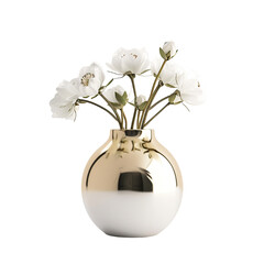 Round shape vase with flowers Gold and white, realistic photo, pure white background, solid color fill, simple color scheme, clean and atmospheric isolated PNG