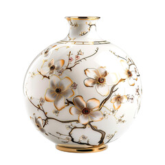 Round shape vase with flowers Gold and white, realistic photo, pure white background, solid color...