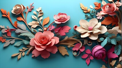 Beautiful flowery background with flowers and ornamental wallpaper, rendered in three dimensions. - obrazy, fototapety, plakaty